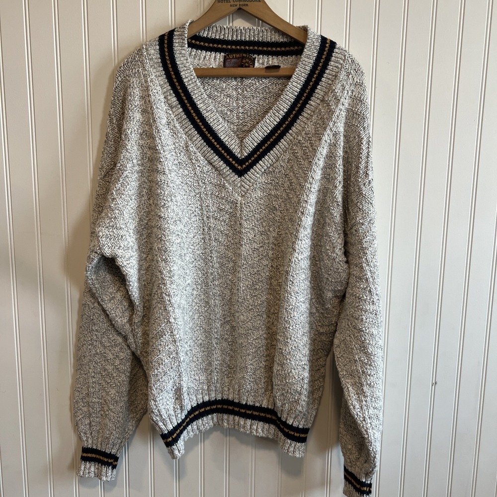 VTG Authentic Issue 90 Gray Knit Sweater Men's Size L Made in USA Striped Cotton